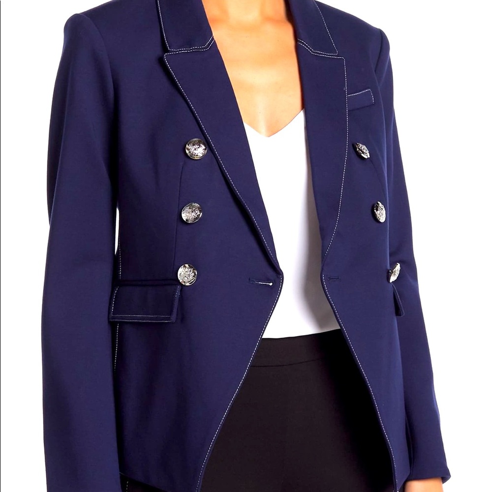 T Tahari Double Breasted Contrast Topstitch Blazer